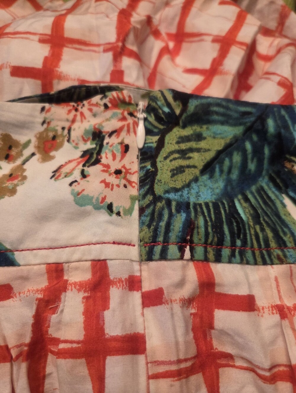 Maeve Anthropologie White Silk Midi Skirt with Coral Plaid and Floral Waist Tie - Picture 2 of 7